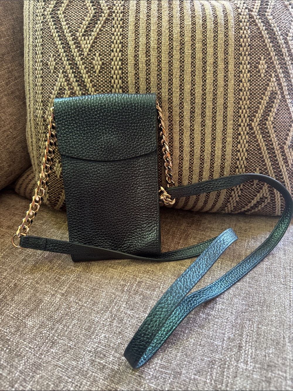 14th & Union Metallic  Pebbled Leather Crossbody Phone Pouch with Gold Chain